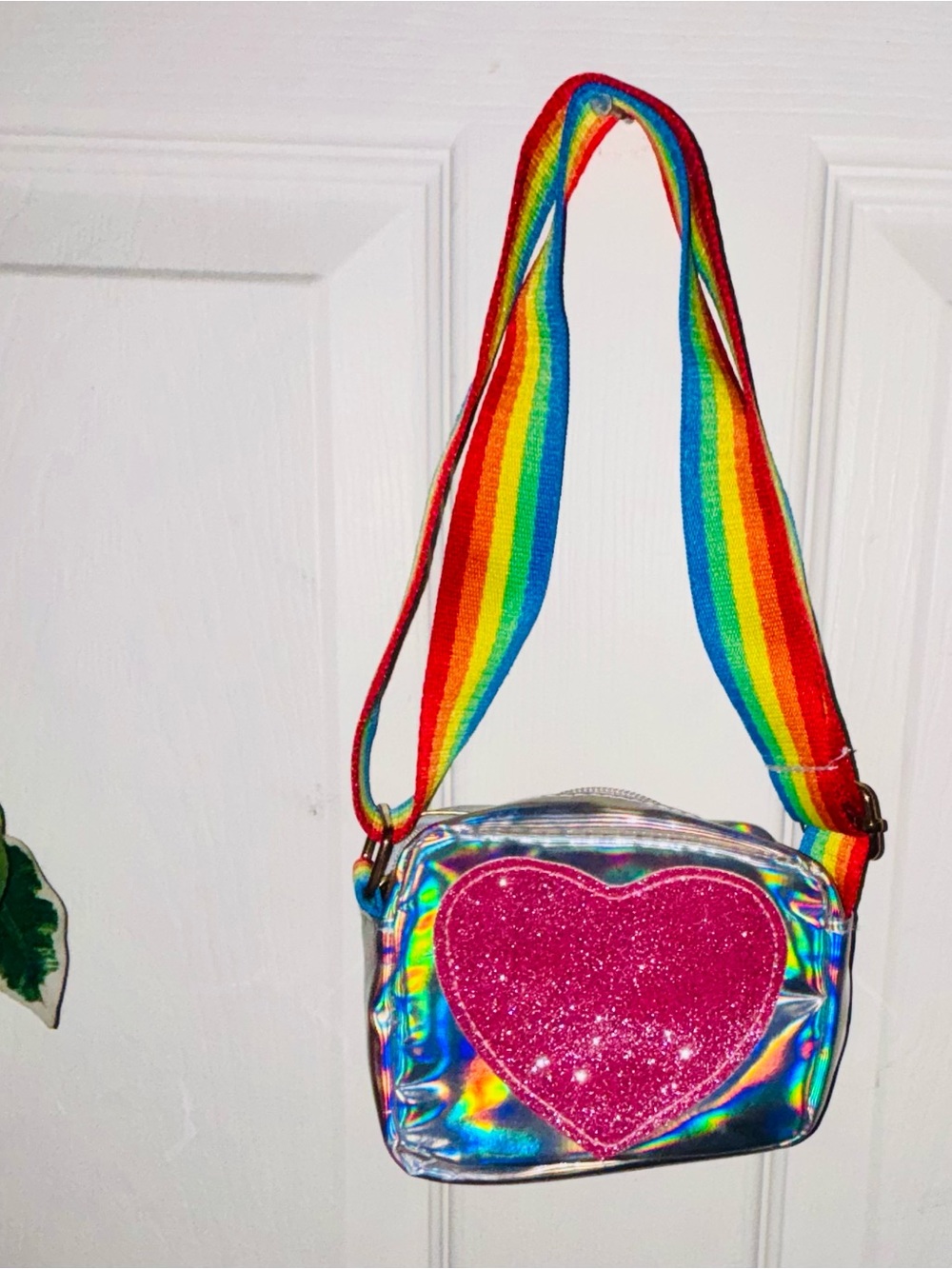 Holographic Crossbody Bag with Pink Glitter Heart